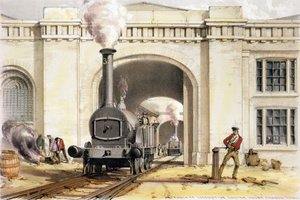 A Camden Town-i Locomotive Engine House bejárata, a művész metszetével, 1839 alkotó: John Cooke Bourne
