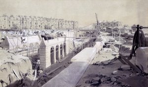 Mornington Crescent – Vonal építés alatt, 1836. szeptember (toll, tinta és mosás papíron) alkotó: John Cooke Bourne