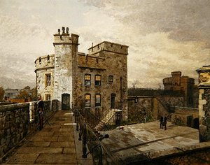 Kilátás a Devereux-toronyra, a londoni Towerre, katonaruhás alakokkal alkotó: John Crowther