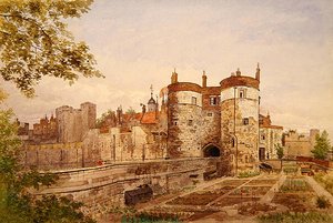 A londoni Tower látképe, rajta a Byward Tower, a Beauchamp Tower, a Devereux Tower és a St. Thomas Tower. alkotó: John Crowther
