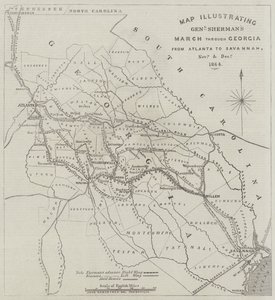 Sherman tábornok menetét ábrázoló térkép Georgián keresztül Atlantától Savannah-ig, 1864 novemberében és decemberében