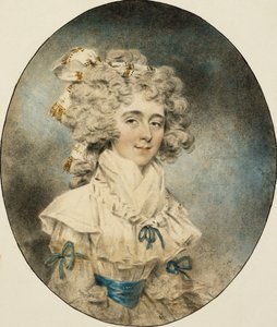 Mrs. Fisher portréja, félhosszú, kék szalagokkal díszített fehér ruhában, 1788