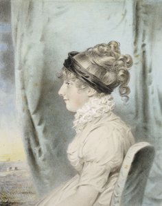 Egy hölgy portréja, Eliza Were Holdsworthként azonosítva, ülő, félhosszú, profilban balra, fehér ruhában, fekete hajpánttal, drapériák mellett, kilátással a partra, 1804