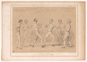Spotprent találkozott Lord Bentinckkel és Lord Lyndhursttel Bokswedstrijdben Edző mérkőzés. Egy szett, kesztyű nélkül, a Wind-up módján! (cím a tárgyon) HB Sketches (sorozat címe az objektumon) alkotó: John Doyle