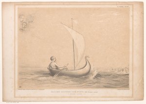 A Spotprent a zeilbootban találkozott Lord Russell-lel Vitorlázni a szél előtt, Breakers-el előre. Szűk menekülés (cím az objektumon) HB Sketches (sorozat címe az objektumon) alkotó: John Doyle