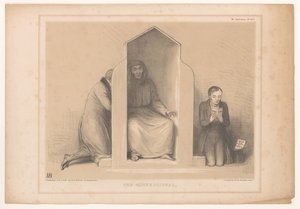 Spotprent találkozott Roebuck als biechtvaderrel A gyóntatószék (cím a tárgyon) HB Sketches (sorozat címe az objektumon) alkotó: John Doyle