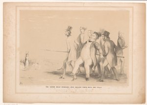 Rajzfilm hét férfival, aki lándzsával támad egy nyulat A hét merész sváb: - akik egy lándzsával törtek elő (cím a tárgyon) HB Sketches (sorozat címe az objektumon) alkotó: John Doyle