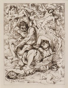 Keresztet tartó fekvő figura, a közelben ülő ördög, lebegő figurákkal körülvéve (rézkarc) alkotó: John Duncan