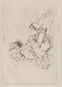 Ülő lány és nagy madár (rézkarc) alkotó: John Duncan