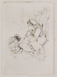 Ülő lány és nagy madár (rézkarc) alkotó: John Duncan