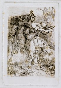 Két vágtázó lovas [az egyik a saját fejét hordja] (rézkarc) alkotó: John Duncan