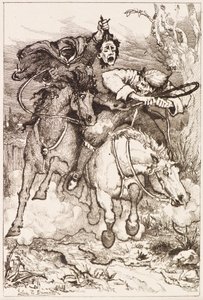 Két vágtázó lovas [az egyik a saját fejét hordja] (rézkarc) alkotó: John Duncan