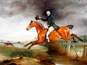 George Marriott portréja az öbölvadászon, aki egy kerítésen vesz részt, és azon túl vadászik alkotó: John E. Ferneley
