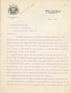 John Reyburn polgármester levele John Thomson könyvtárosnak, amelyben jóváhagyja Horace Trumbauert a könyvtár főépületének építészének, június 1. alkotó: John E. Reyburn