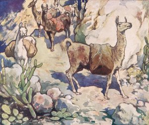 Alpakák egy hegyi ösvényen, illusztráció a „Helpers Without Hands”, Gladys Davidson, 1919-ben megjelent (színes litó) alkotó: John Edwin Noble