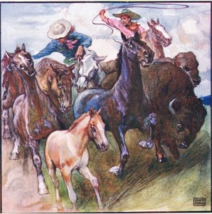 Elment-vad bivaly-vad ló és vad vadász (színes litho)
