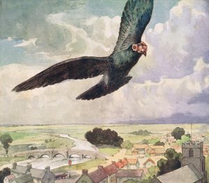 Egy város felett repülő madár, Gladys Davidson „Helpers Without Hands” illusztrációja, 1919-ben (színes litó)