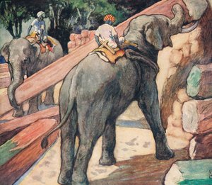 Rönköt kezelő elefántok, Gladys Davidson 1919-ben megjelent „Helpers Without Hands” illusztrációja (színes litó)