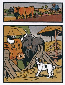 Illusztráció: A kutya és a tehén, Jean de La Fontaine (1621-95) „Fables” című művéből (színes metszet)