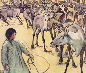Jávorszarvas csorda, Gladys Davidson 1919-ben megjelent „Segítők keze nélkül” című illusztrációja (színes litó)