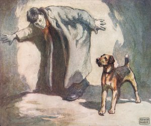 Rendőrkutya munka közben, Gladys Davidson 1919-ben megjelent „Segítők keze nélkül” című illusztrációja (színes litó) alkotó: John Edwin Noble