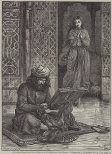 Zobeide felfedezi a fiatal férfit, aki a Koránt szavalja (metszet) alkotó: John Everett (after) Millais