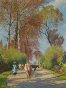 Country Lane figurával és tehénnel (olaj a fedélzeten)