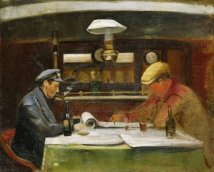 A "Birkdale" fedélzetén, a társalgóban Walmsley kapitánnyal és helyettesével, Macwatters úrral, ez a hajó 1892 és 1927 között nitrátot szállított a chilei partokhoz. alkotó: John Everett