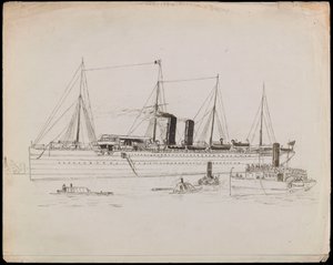 PAH1225; Gőzhajó a part közelében, vontatóhajó mellett. Személyhajó vontatóhajóval és a Tilbury nevű lapátkerekes gőzhajó a közelben (rajz). alkotó: John Everett