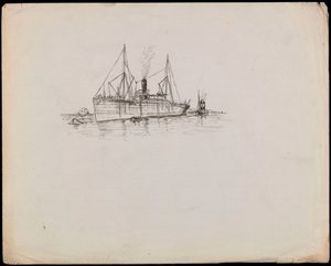 PAH1225; Gőzhajó a part közelében, vontatóhajó mellett. Személyhajó vontatóhajóval és a Tilbury nevű lapátkerekes gőzhajó a közelben (rajz). alkotó: John Everett