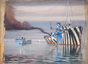 Az S.S. Lepanto és egy másik gőzhajó, mindkettő vakító festéssel, horgonyozva a nyugodt vízben.