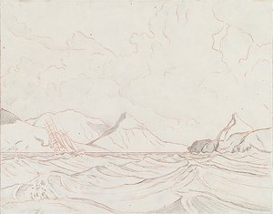 Tengeri táj, szárazföldön áthaladó hajóval (1), 20. század eleje (grafit, barna zsírkréta) alkotó: John Everett