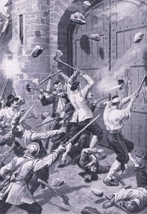 Dundee kifosztása 1651. szeptember 1.: Angol tengerészek megtámadják a Wellgate kikötőt, illusztráció a „British Battles on Land and Sea” című filmből. alkotó: John F. Campbell
