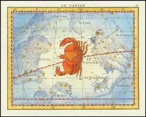 1776-os térkép a Rák csillagképről és a szomszédos csillagképekről, Fortin Atlas Celeste de Flamsteed című művéből.