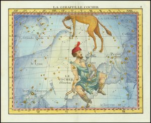 1776-os csillagtérkép a Camelopardal és Auriga csillagképekről és a szomszédos csillagképekről, Fortin Atlas Celeste de Flamsteed című művéből.