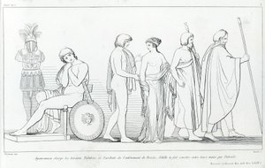 Agamemnon Taltibiust és Euribat hírnököt vádolta meg Briseis elrablásával; Akhilleusz átadta a kezükbe Patroklész. John Flaxman (1755 - 1826) rajza. Homérosz Iliásza. Éneklés I alkotó: John Flaxman