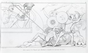 Az Ajax visszaveri a trójaiakat, akik fel akarják égetni a görög hajókat. John Flaxman (1755 - 1826) rajza. Homérosz Iliásza. Éneklő XV. alkotó: John Flaxman