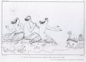 A sellők dalukkal igyekeznek magához vonzani Ulyssest. John Flaxman (1755 - 1826) rajza. Homérosz Odüsszeája. ének XII.