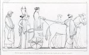 Nausicaa, aki most találkozott Ulyssesszel, visszaviszi apja palotájába, Alkinoos királyba. John Flaxman (1755 - 1826) rajza. Homérosz Odüsszeája. Dal VI.