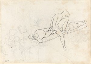 Ülő férfi, két fekvő alak mellett; A bal alsó sarokban figurák gyülekezete alkotó: John Flaxman
