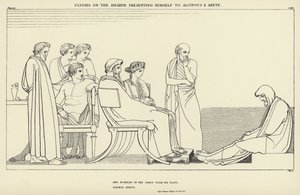 Odüsszeusz a tűzhelyen bemutatkozik Alkinoosznak és Arétának alkotó: John Flaxman