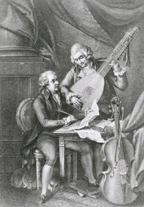 Franz Joseph Haydn (1732-1809) és Wolfgang Amadeus Mozart (1756-91) lantzenét komponáló portréja, Michele Benedetti (1745-1810) metszete