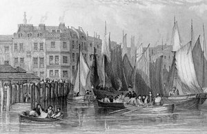Billingsgate, illusztráció a "History of London: Illustrated by view of London and Westminster", John Woods, metszett John Woods, megjelent 1838-ban