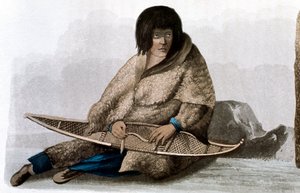 Réz-indiai lány hócipőt javít, 1823 alkotó: John Franklin