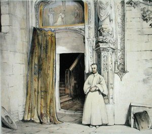 Egy kolostorajtó, Toledo, a „Spanyolország vázlataiból”, Charles Joseph Hullmandel (1789-1850) metszete, 1836-ban megjelent (színes litó)