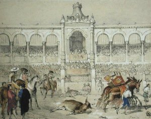 Sevillai bikaviadal: A döglött bika eltávolítása a gyűrűből, Charles Joseph Hullmandel (1789-1850) metszetéből, 1836-ban (színes litó)