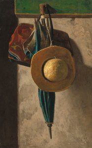 Szalmakalap, táska és esernyő, 1900 körül (vászonlapról átvitt olaj, szövet)