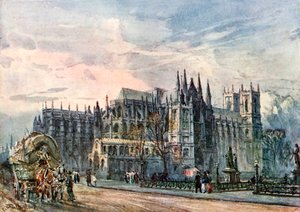 Az apátság és a Szent Margit-templom látképe a Whitehallból (színes litográfia) alkotó: John Fulleylove