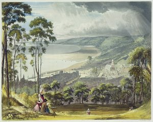 Honfleur látképe, a "Views on the Seine" című, Thomas Sutherland (szül. 1785) által metszett és R. Ackermann (1764-1834) által 1821-ben kiadott kötetből.