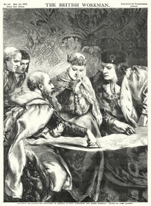 Kolumbusz elmagyarázza Amerika felfedezését Ferdinánd királynak és Izabella királynőnek (metszet) alkotó: John Gilbert